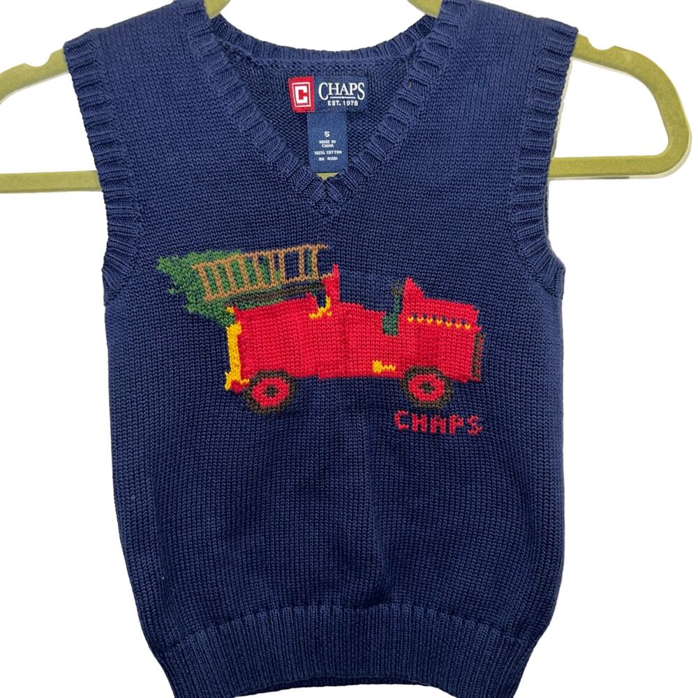 Chaps Boys  knit cotton navy holiday sweater vest Christmas firetruck boys  5